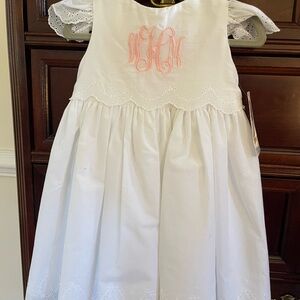 White Scalloped Eyelet Dress by Susanne Lively w/ WMH Pink Script Monogram- NWT